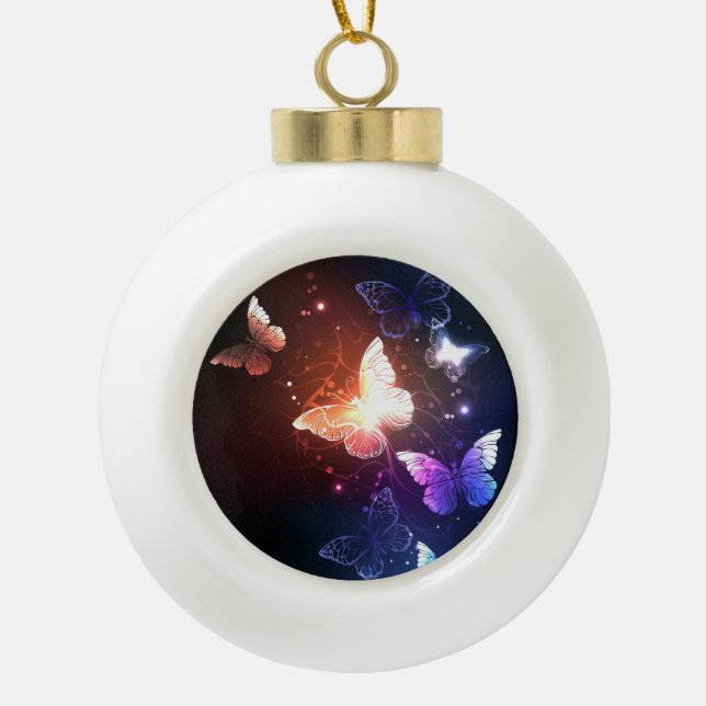 Glowing Night Butterflies Ceramic Ball Christmas Ornament (Front)