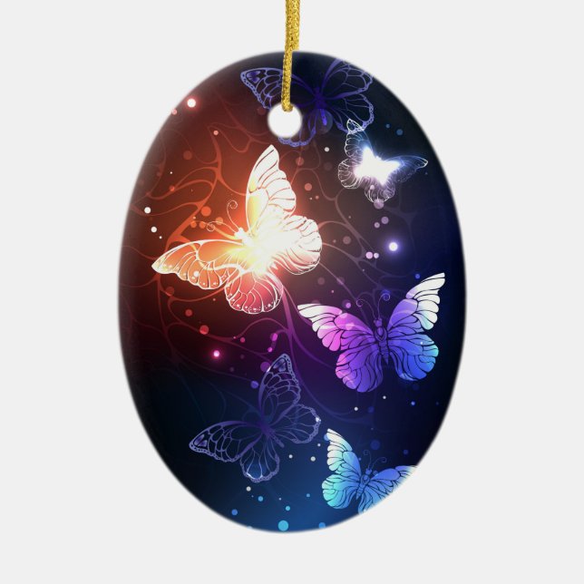 Glowing Night Butterflies Ceramic Ornament (Front)