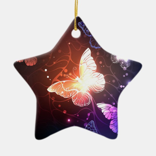 Glowing Night Butterflies Ceramic Ornament (Front)