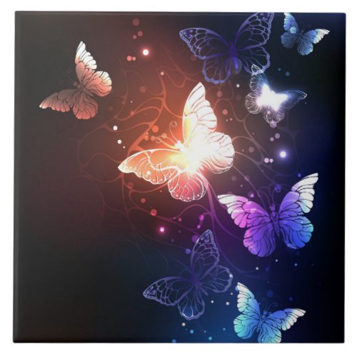 Glowing Night Butterflies Ceramic Tile