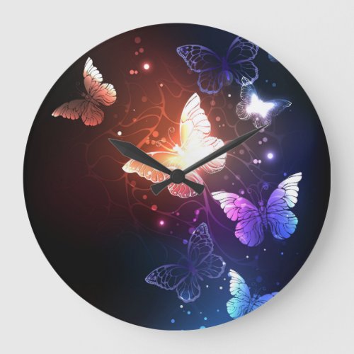 Glowing Night Butterflies Large Clock