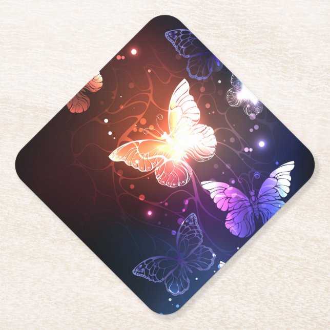 Glowing Night Butterflies Paper Coaster (Front)