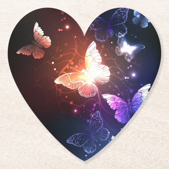 Glowing Night Butterflies Paper Coaster (Front)