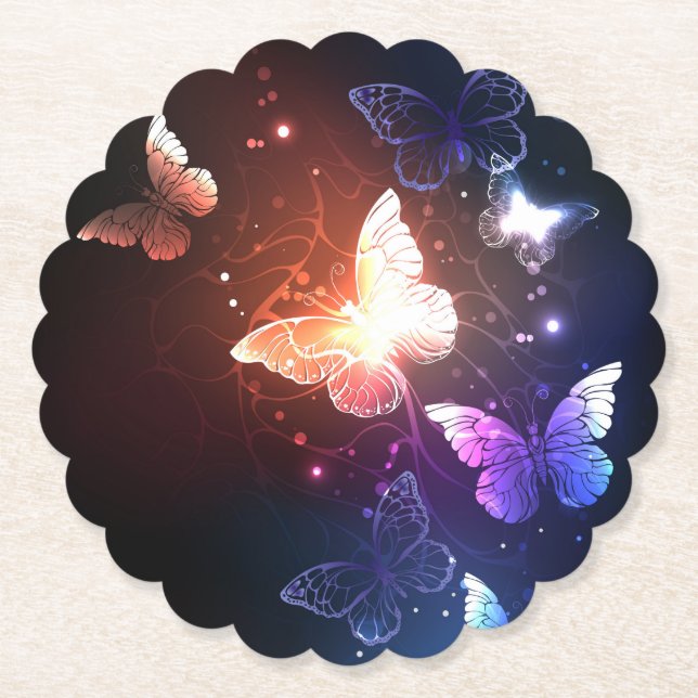 Glowing Night Butterflies Paper Coaster (Front)