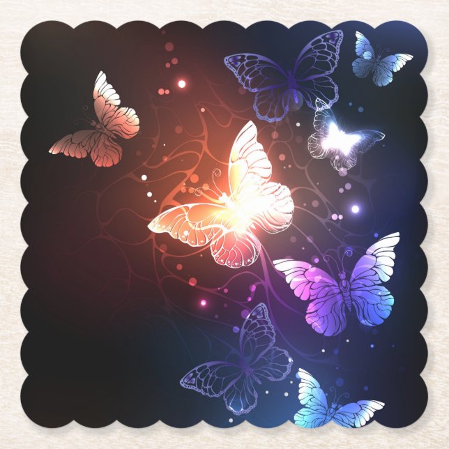 Glowing Night Butterflies Paper Coaster (Front)