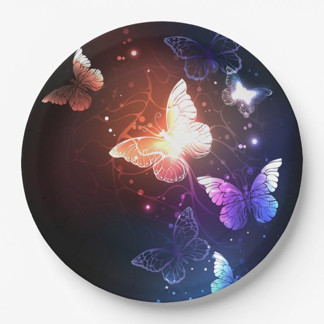 Glowing Night Butterflies Paper Plates (Front)