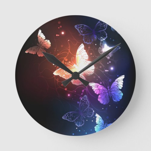 Glowing Night Butterflies Round Clock