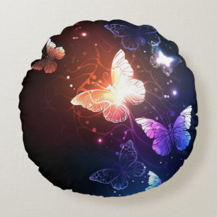 Glowing Night Butterflies Round Pillow