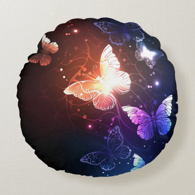 Glowing Night Butterflies Round Pillow (Front)