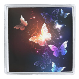 Glowing Night Butterflies Silver Finish Lapel Pin