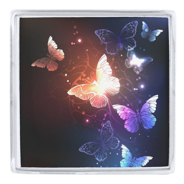 Glowing Night Butterflies Silver Finish Lapel Pin (Front)