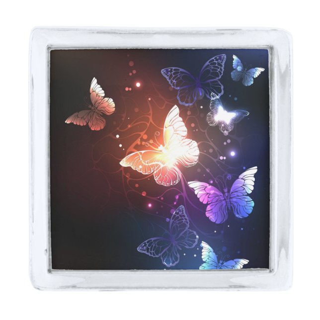 Glowing Night Butterflies Silver Finish Lapel Pin (Front)