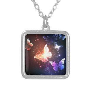 Glowing Night Butterflies Silver Plated Necklace