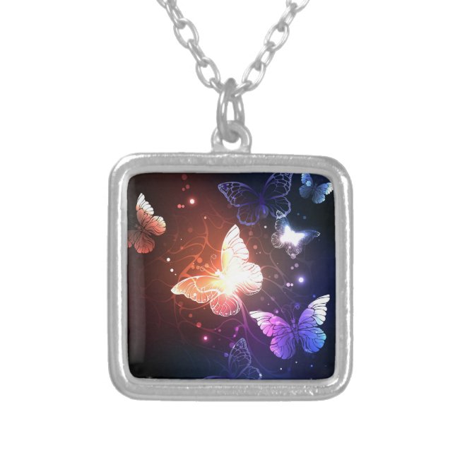 Glowing Night Butterflies Silver Plated Necklace (Front)