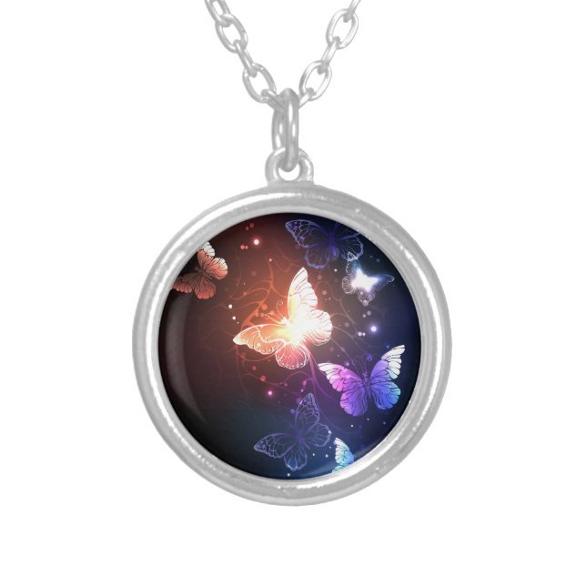Glowing Night Butterflies Silver Plated Necklace (Front)