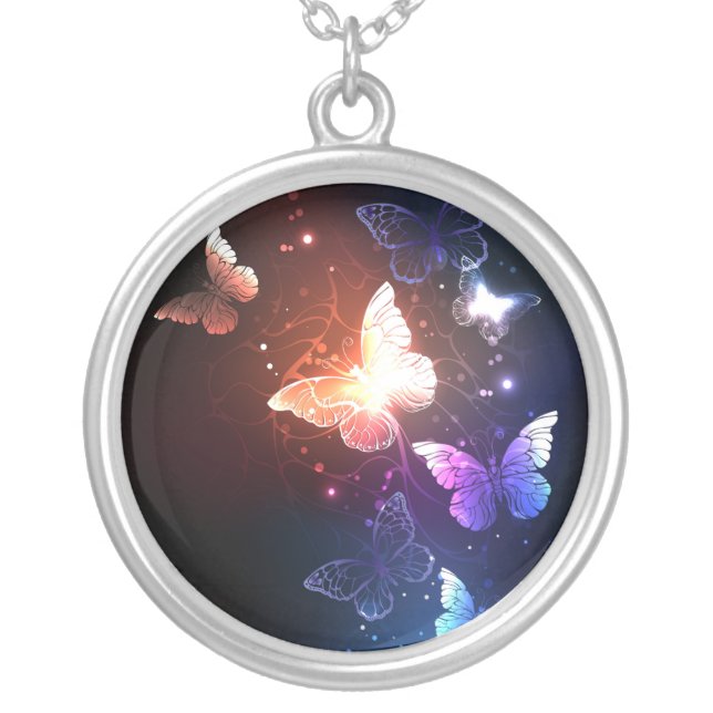 Glowing Night Butterflies Silver Plated Necklace (Front)