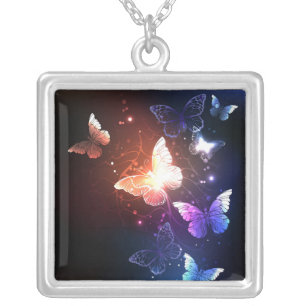 Glowing Night Butterflies Silver Plated Necklace