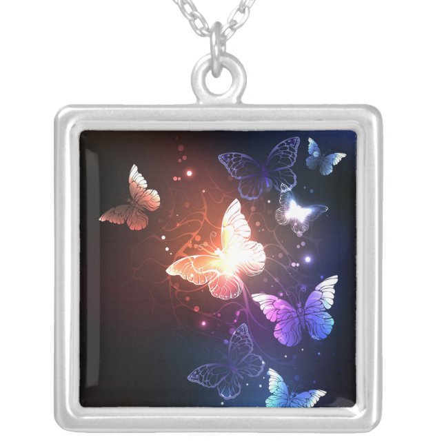 Glowing Night Butterflies Silver Plated Necklace (Front)