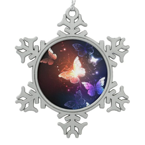 Glowing Night Butterflies Snowflake Pewter Christmas Ornament