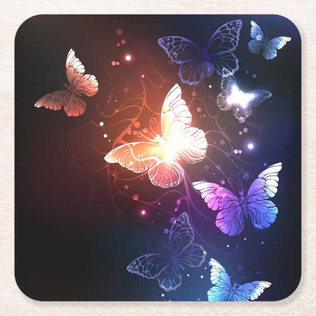 Glowing Night Butterflies Square Paper Coaster (Front)