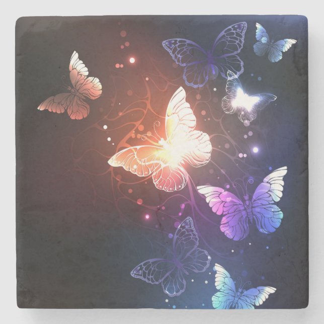 Glowing Night Butterflies Stone Coaster (Front)