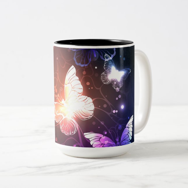 Glowing Night Butterflies Two-Tone Coffee Mug (Front Right)