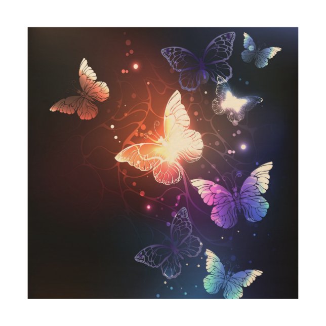 Glowing Night Butterflies Wood Wall Art (Front)