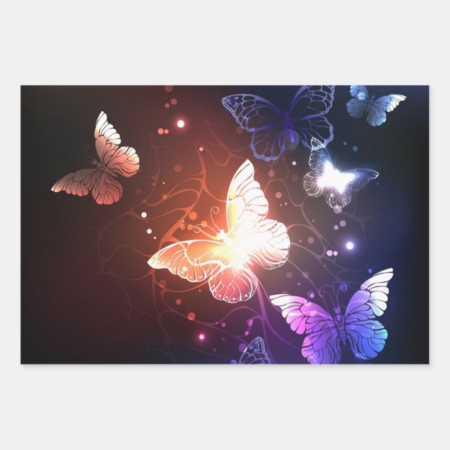 Glowing Night Butterflies Wrapping Paper Sheets (Front)