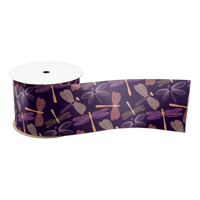 Glowing night dragonflies on dark plum background satin ribbon (Spool)