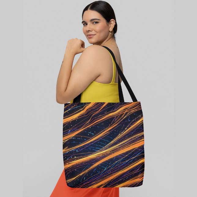 Glowing orange and blue abstract lines with sparks tote bag (Creator Uploaded)