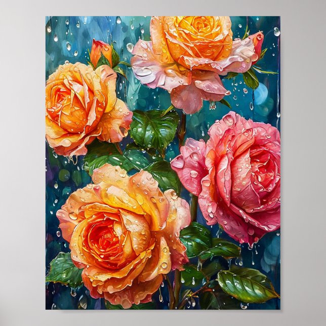 Glowing Orange Roses with Dew Drops 🌹🧡💧✨🌿 Poster (Front)