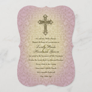Glowing Orchid Catholic Cross Wedding Invitation