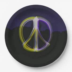 Glowing Peace Sign in Night Sky Mountains Paper Plates