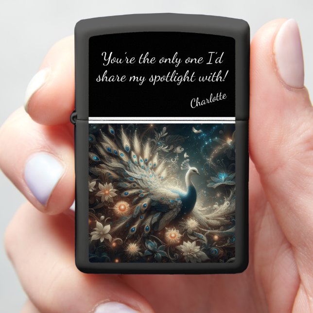 Glowing Peacock in an Ethereal Wonderland Zippo Lighter (In Hand)