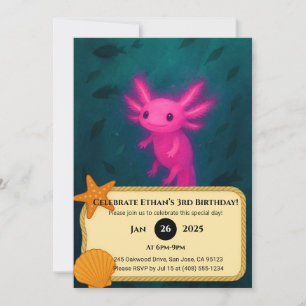 Glowing Pink Axolotl Underwater Birthday Invitation