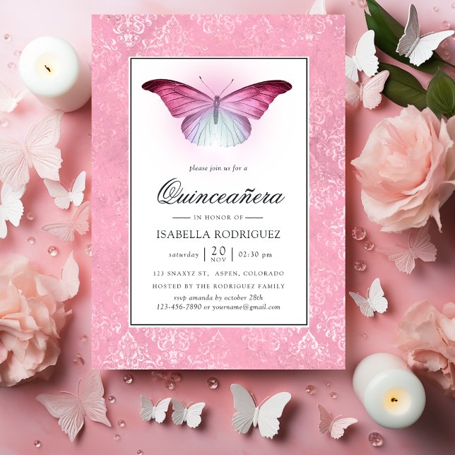 Glowing Pink Butterfly Quinceañera Invitation (Creator Uploaded)