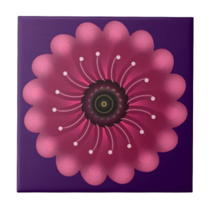 Glowing Pink Fantasy Flower Abstract Neon Floral Ceramic Tile
