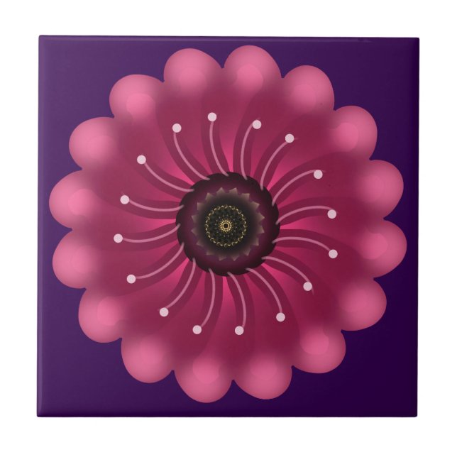 Glowing Pink Fantasy Flower | Abstract Neon Floral Ceramic Tile (Front)