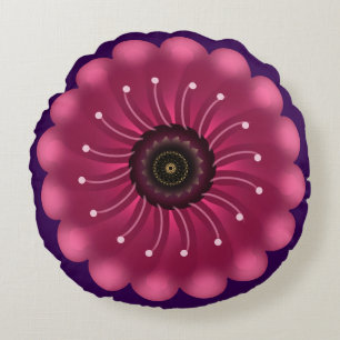 Glowing Pink Fantasy Flower Abstract Neon Floral Round Pillow