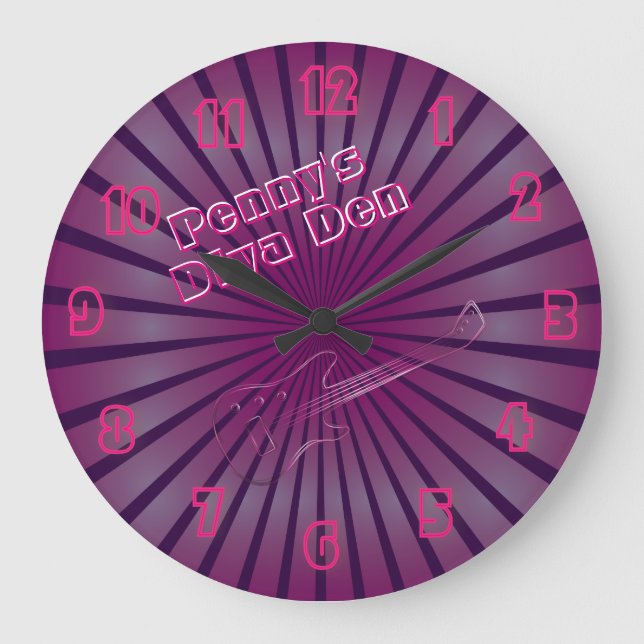 Glowing Pink Guitar Diva Den Neon Personalized Large Clock (Front)