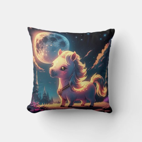 Glowing Pink Horse Enjoys Full Moon Throw Pillow