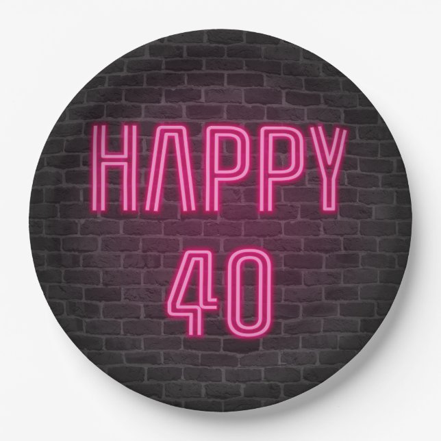 Glowing Pink Neon Sigh for 40th Birthday Paper Plates (Front)