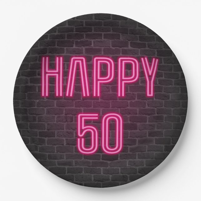 Glowing Pink Neon Sigh for 50th Birthday Paper Plates (Front)