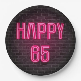 Glowing Pink Neon Sigh for 65th Birthday Paper Plates