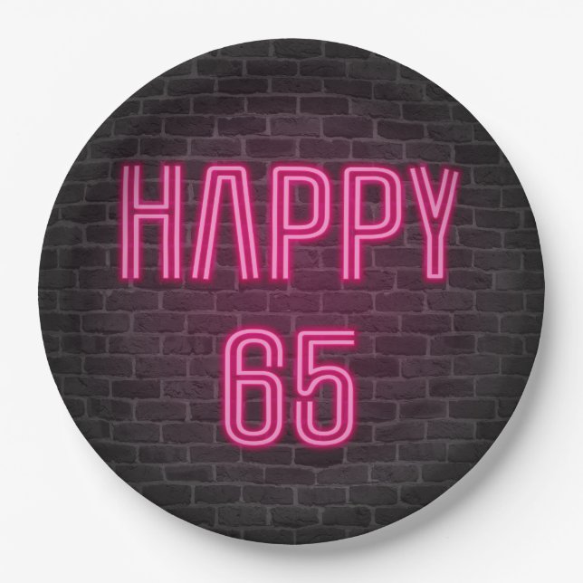Glowing Pink Neon Sigh for 65th Birthday Paper Plates (Front)