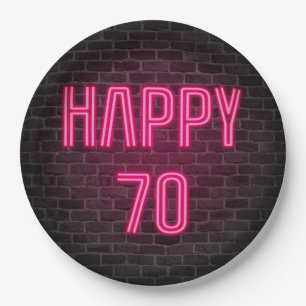 Glowing Pink Neon Sigh for 70th Birthday Paper Plates
