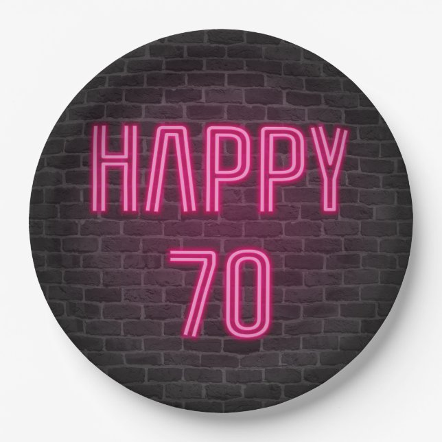 Glowing Pink Neon Sigh for 70th Birthday Paper Plates (Front)