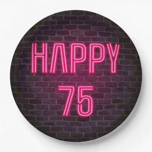 Glowing Pink Neon Sigh for 75th Birthday Paper Plates