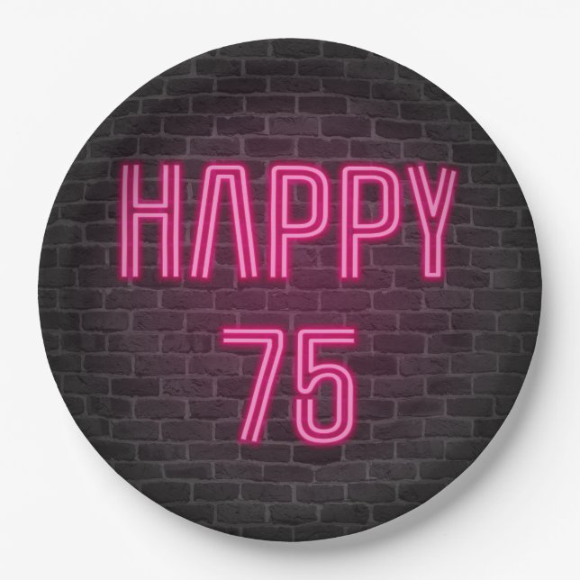 Glowing Pink Neon Sigh for 75th Birthday Paper Plates (Front)