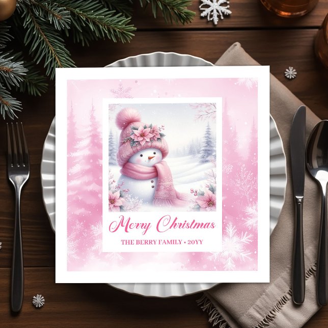 Glowing Pink Snowman Winter Forest Christmas  Napkins (Glowing Pink Snowman Winter Forest Christmas Napkins Kids)
